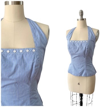 50s Blue & White Gingham Cotton Halter Top / 1950s Vintage Saks Fifth Avenue Shirt Pin Up Blouse / Medium / Size 8 