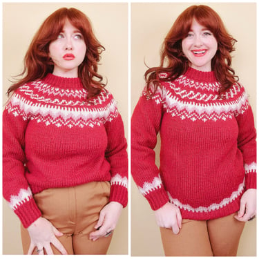 1980s Vintage Wool / Acrylic Red Fair isle Sweater / 80s Hand Knit Cozy Fisherman Jumper / Medium 