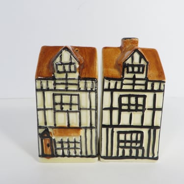 Vintage Suffolk Cottages Ceramic Salt and Pepper Shakers - Made in England Ceramic Half Timber Cottage Salt and Pepper 