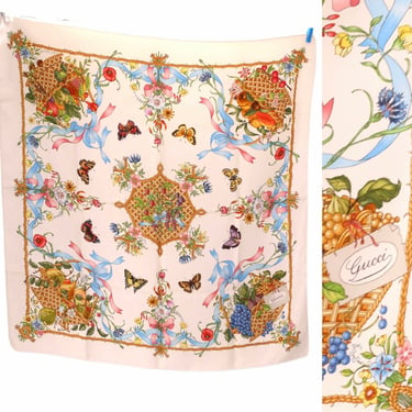 vintage GUCCI silk Flora scarf / 70s 80s insect fruit flower print scarf carre 34 X 35 V. Accornero 