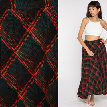 Plaid Skirt 70s Tartan Skirt Midi Kilt School Girl Red Green High Waist 1970s Checkered Retro Fritzi Vintage Acrylic Large 