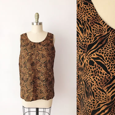SIZE M Vintage Silk Leopard Print Tank Top - Animal Print Cheetah Camisole 90s 