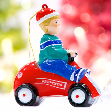 VINTAGE: Radio Flyer 8 Roadster Ornament - Kid on Radio Flyer - Holiday - SKU 