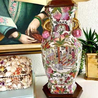 Vintage Chinoiserie Lamp/ Rose Famille/ 32 inches Tall 
