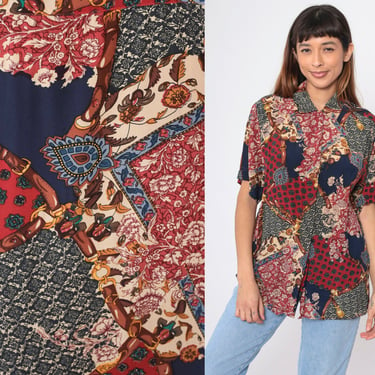 90s Baroque Equestrian Blouse Patchwork Floral Silk Shirt Horse Bridle Buckle Print Button Up Top 1990s Navy Blue Red Vintage Medium 
