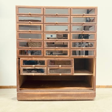 Haberdashery Cabinet | Apothecary Cabinet | Large Wood Cabinet Glass Front Drawers | General Store Department Store Industrial NOT FREE SHIP 
