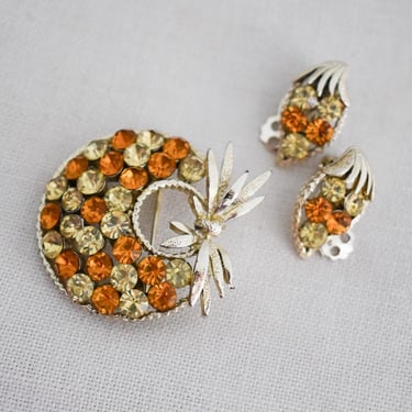 1960s Autumnal Rhinestone Brooch and Clip Earrings Set 