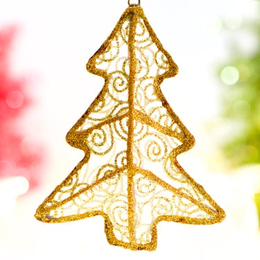 VINTAGE: Wire Gold Glittered Mesh Christmas Tree Ornament - Holiday, Christmas - SKU 00034832 
