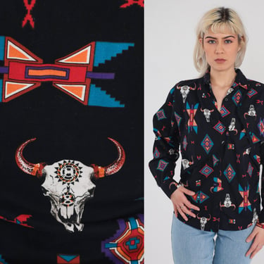 Wrangler Southwestern Shirt 90s Black Button Up Top Collared Western Navajo Eye Steer Skull Print Rodeo Long Sleeve Vintage 1990s Medium M 