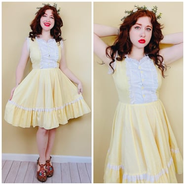 1970s Vintage Yellow Gingham Eyelet Square Dance Dress / Ruffled Bib Fit and Flare Western Dress / Size Medium 