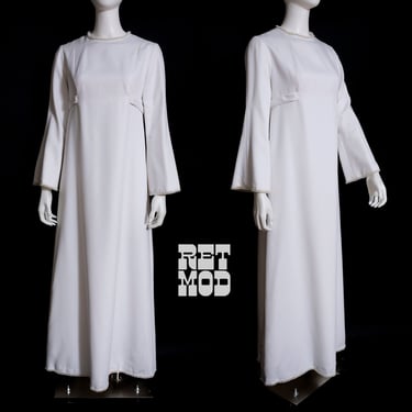 Groovy Vintage 60s 70s Solid White Mod Hippie Vibes with Bell Sleeves and Simple Pearl Trim 