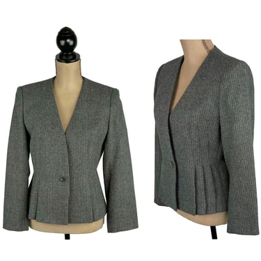 80s Blue Tweed Blazer, Fitted Wool Blend Collarless Jacket, 40s Style Peplum, 1980s Clothes for Women, Vintage Petite Size Medium 