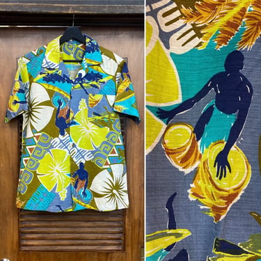 Vintage 1960’s Native Print Barkcloth Pop Art Mod Tiki Cotton Hawaiian Shirt, 60’s Vintage Clothing 