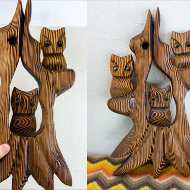 Vintage 70s wood owl trio in a tree branch wall hanging, rare Witco style cryptomeria burnt wood, redwood tree hollow MCM boho hippie decor 