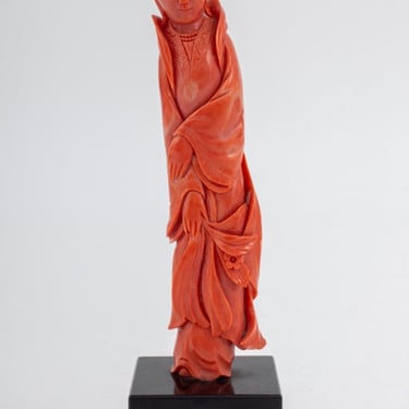 Chinese Carved Red Coral Guan Yin Sculpture