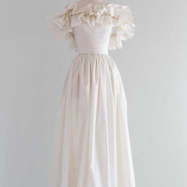 Dreamy Vintage Wedding Gown With Rosette Ruffle Neckline / Small