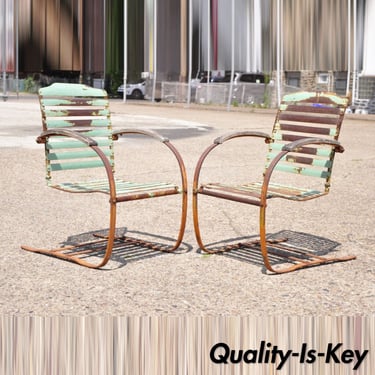 Antique Art Deco Green Distress Paint Steel Metal Outdoor Lounge Chair - a Pair