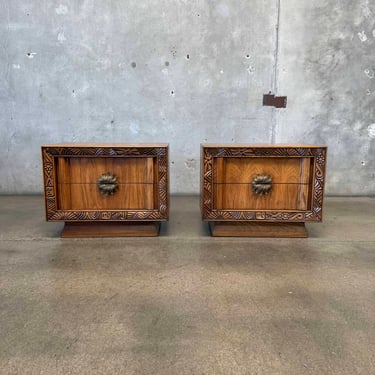 Pair of Mid Century Hand Carved Nightstands