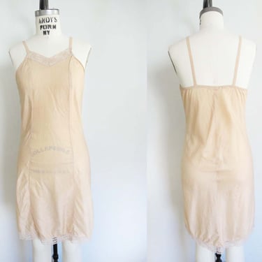 Vintage 1960s Beige Nude Short Slip Dress XS S - 60s High Neck Lace Trim Spaghetti Strap Lingerie Nightie 