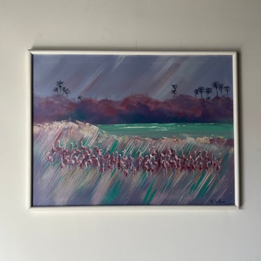 80's Vintage R. Watson Coastal Landscape With Pink Flamingos Oil Painting, Frame 