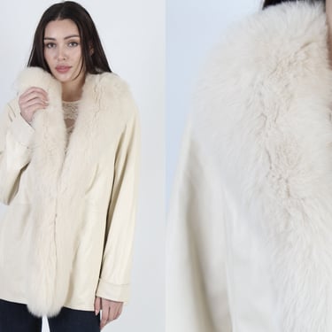 Vintage 80s Plush Arctic Fox Coat Ivory Fur Apres Ski Leather Stroller Jacket 