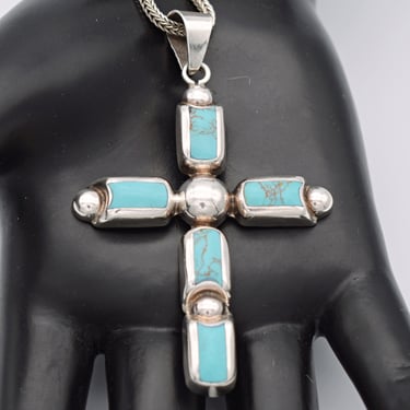 90's ATI turquoise sterling Modernist cross pendant, big Mexico 925 silver blue stone wheat chain necklace 