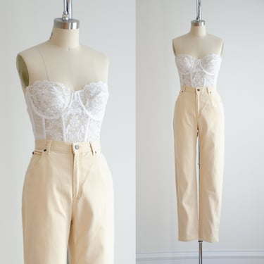 high waisted jeans 90s vintage Liz Claiborne pastel yellow straight leg pants 