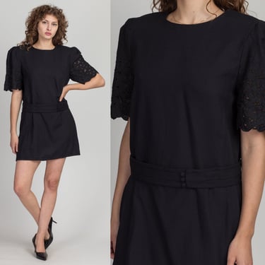 80s Leslie Fay Black Eyelet Puff Sleeve Mini Dress - Petite Large to XL | Vintage Belted Micro Mini Wool Shift Dress 