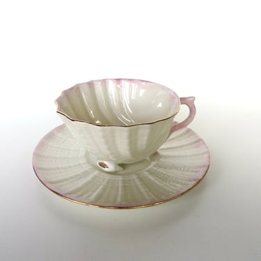 Belleek Neptune Pink Cup and Saucer From Ireland, Vintage Fine Porcelain Tridacna Shell Tea Cup 