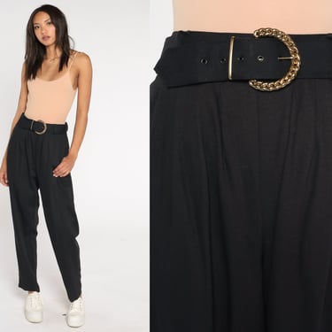 Black Pleated Trousers 90s High Waisted Pants 1990s Tapered Pants Vintage Belted Pants Slacks Office Preppy High Waist Medium 