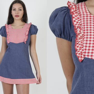 Chambray Gingham Micro Mini Dress / Vintage 70s Red White Checker Print / Cute Puff Sleeve Short Frock 