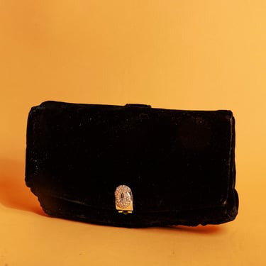 50s Black Velvet Silver Rhinestone Clutch Vintage Rayon Evening Hang Bag Purse 