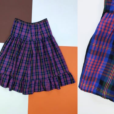 Lovely Vintage 50s Dark Magenta Plaid Blue Taffeta Tiered Mid-Lenght Skirt 
