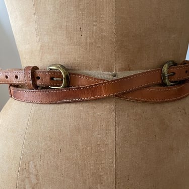 Vintage ‘70s handmade brown leather belt | double wrap brass buckle wrap belt, ladies XS/S 