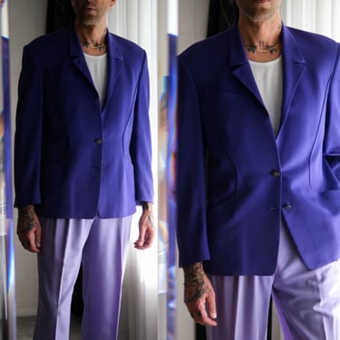 Vintage 80s THIERRY MUGLER Purple Gabardine Blazer w/ Metal Logo Buttons | Made in France | 100% Wool | 1980s MUGLER French Designer Jacket 