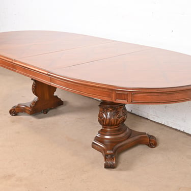 Karges Italian Provincial Carved Walnut Pedestal Extension Dining Table, Newly Refinished