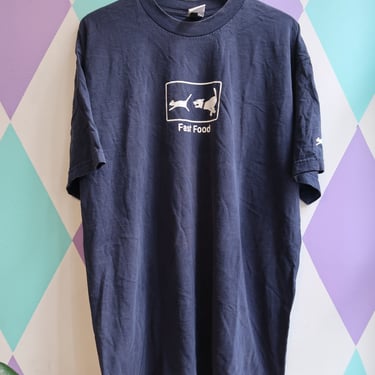 Vintage Y2K “Fast Food” Cat & Dog Graphic Tee – Navy Blue