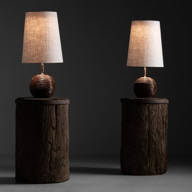 Pair of Ceramic Lamps / Primitive Wooden Pedestals