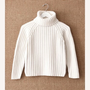 Vintage Cropped Cotton Sweater, White Ribbed Knit Turtleneck, XS 
