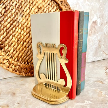 Brass Bookend, Harp, Lyre, Music Inspired, Cut-Out, Mid Century Vintage, Office, Library, Book Lover 