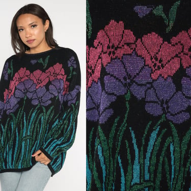 Metallic Floral Sweater 80s Sparkle Print Glitter Acrylic Lurex Flower Print Black Purple Long Sleeve Pullover Knit Plus Size 2x 2xl xxl 