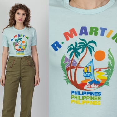 80s R. Martin Philippines T Shirt - Men's Small, Women's Medium | Vintage Baby Blue Rainbow Graphic Tourist Tee 