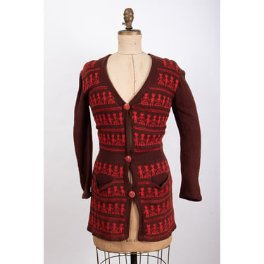 Vintage 1930s jacquard wool knit cardigan / Art deco buttons / Intarsia figural pattern S 