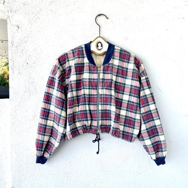 Vintage 90s Grunge Plaid Bomber Jacket 1990s Oversize Cropped Zip up Shirt 