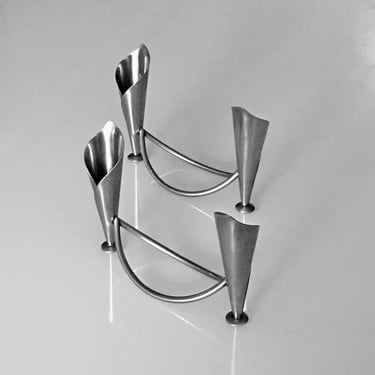 A Vintage Mid Century Modern Pair of Double Calla Lilly Candlestick Stamped Stainless Denmark 