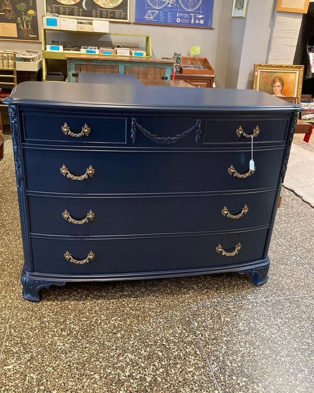 Navy blue painted regency style dresser.  48” x 20.5” x 35.5”
