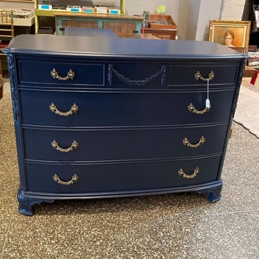 Navy blue painted regency style dresser.  48” x 20.5” x 35.5”