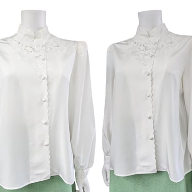 Vintage White High Neck Blouse, Medium / Long Sleeve Cocktail Blouse / Embroidered Openwork Button Blouse 