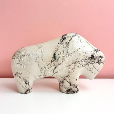 Native American Bison Statue with Horse Hair Detail & Gem by Tom Vail 