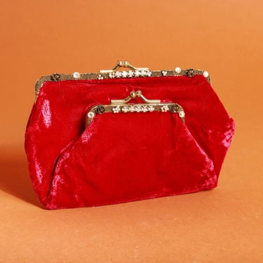 70s Bright Red Velvet Rhinestone Coin Purse Vintage Small Formal Clutch 